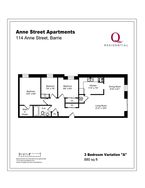 Floor plan for 3 beds, 1 bath, 880 sqft